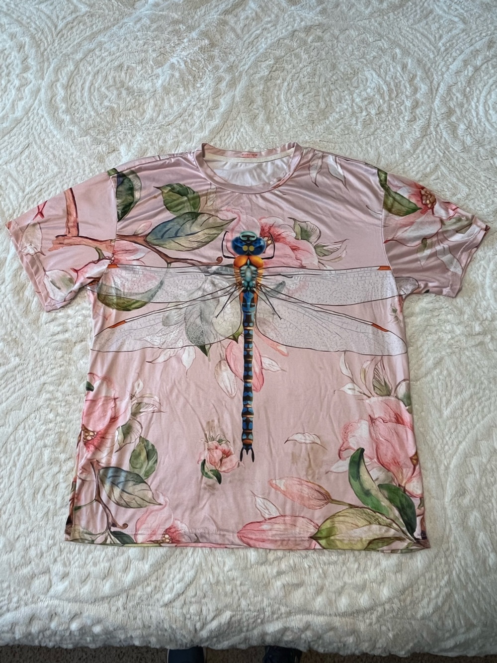 XXL Dragonfly & Floral Print Short-Sleeve Tee - Pink